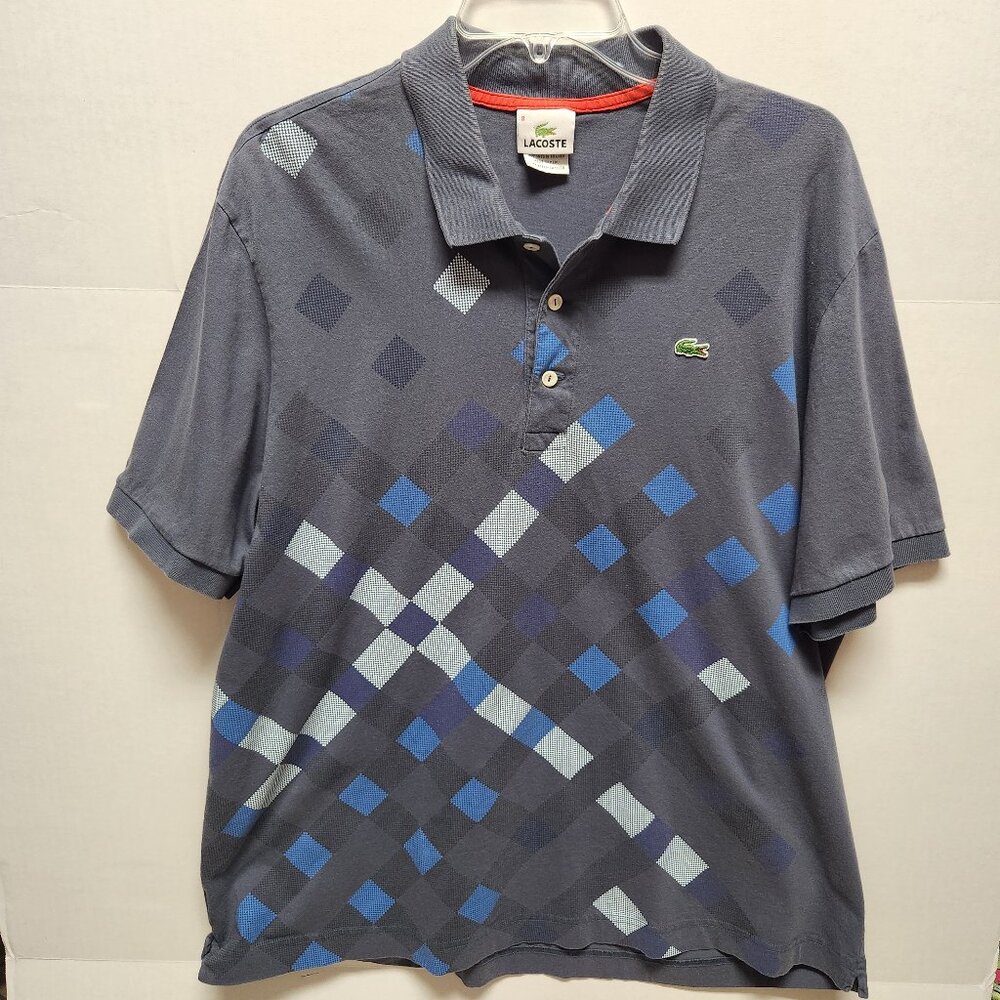 Lacoste Mens Polo Shirt Size 8 XXL Patterned Blue Short Sleeve Casual Preppy